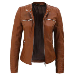 Women’s Hooded Brown Leather Bomber Jacket – Classic PU Faux Leather Moto Coat for All Seasons