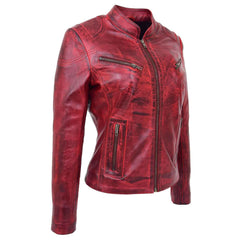 Women’s Burnt Red Leather Jacket – Becky Standing Collar Design
