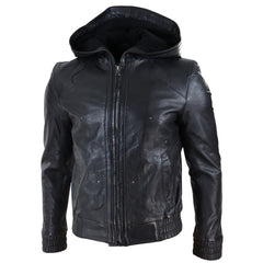 Fashion Men's Hooded Bomber Leather Jacket Inner Soft Lining