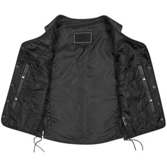 Women's Black Five Snap Leather Motorcycle Vest with Side Laces & Interior Pocket, Classic V-Neck Biker Style Vest