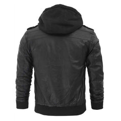 Real Lambskin Men's Black Leather Jacket with Removeable Hood
