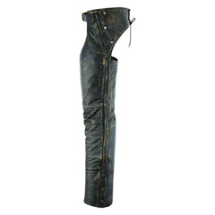 Mens Distressed Brown Leather Motorcycle Chaps with Zip Out Liner - Durable, Adjustable, and Stylish