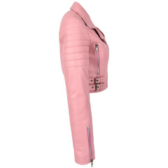 Women’s Cropped Leather Biker Jacket in Demi Baby Pink – Stylish Moto Fit