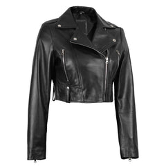 Genuine Lambskin Colleen Women’s Cropped Black Biker Style Leather Jacket