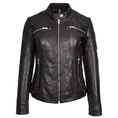 Women’s Black Leather Cafe Racer Jacket – Fitted Quilted Biker Style with Zip Closure