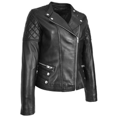 Women's Real Leather Biker Jacket Classic Cross Zip Style Molly Black