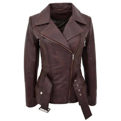 Celia Brown Women’s Leather Motorcycle Jacket – Classic Hip Length Design