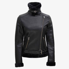 Women's Black Asymmetrical Shearling Real Leather Jacket | Regals Leather