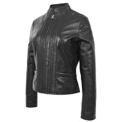 Women’s Black Leather Casual Jacket with Standing Collar – Regals Leather