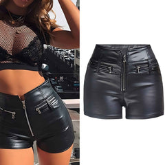 Women’s High Waist Faux Leather Shorts with Zipper Detail – Stylish PU Coated Shorts