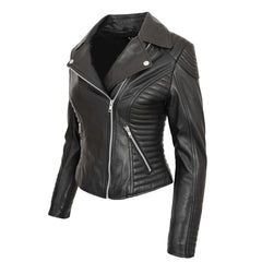 Women’s Real Leather Cross Zip Jacket – Anna Black Classic Biker Design