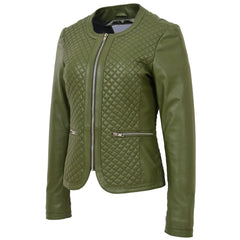 Women’s Olive Green Leather Jacket – Joan Collarless Quilted Design in Soft Nappa
