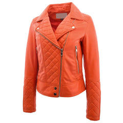 Ziva Orange Women’s Leather Biker Jacket | Quilted Detail Real Leather