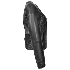 Women’s Real Leather Classic Jacket – Lottie Black Collarless Design