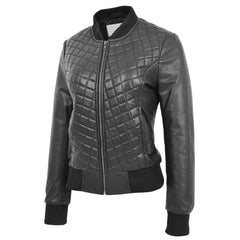 Women's Genuine Leather Quilted Bomber Jacket Sally – Black Varsity Look