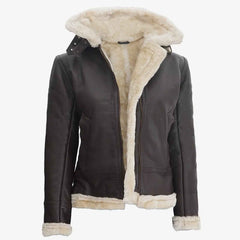 Women’s Dark Brown Hooded Shearling Leather Jacket – Warm Winter Fashion Coat