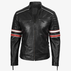Biker Casual Fit Men’s Black Cafe Racer Leather Jacket with Dual Stripes