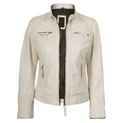 Women’s Off White Quilted Cafe Racer Leather Jacket – Johnson Real Lambskin Biker Coat