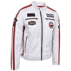 Men’s Real Leather Biker Jacket – Bobby Vintage White Racing Jacket with Motorsport Patches
