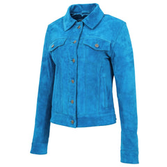 Women's Teal Blue Suede Trucker Jacket – Alma Soft Genuine Suede Vintage Style