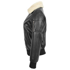 Thea Black Women's Bomber Jacket – Premium Leather with Removable Collar