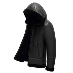 Regals Leather Men’s Black Hooded B3 Leather Bomber Jacket Aviator Flight Jacket