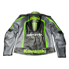 Chaqueta de cuero para hombre de motociclismo, negra, certificada CE, estilo Kawasaki