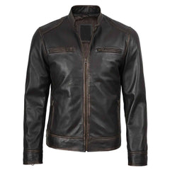 Rub-Off Dark Brown Men’s Leather Biker Jacket – Slim Fit Cafe Racer Classic