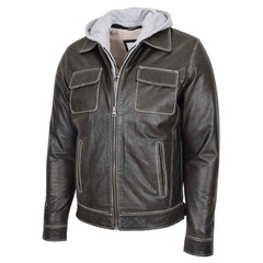 Men’s Leather Work Jacket Cypher Grey with Removable Hoodie | Regals Leather