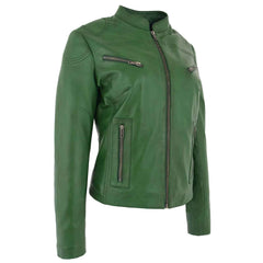 Women’s Real Leather Standing Collar Jacket – Becky Green Classic Fit