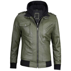 Vintage Handcrafted Men's Military Green Leather Jacket with Removable Hood