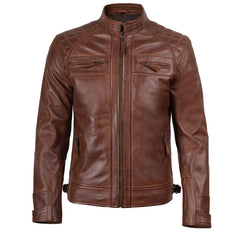 Regals Leather Men’s Quilted Biker Jacket – Genuine Cognac Brown Leather