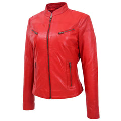 Women’s Real Leather Standing Collar Jacket – Becky Red Biker Style