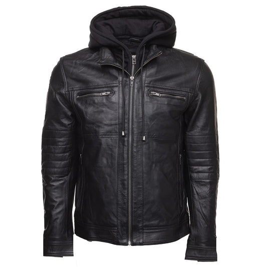 High Quality Men's Black Leather Jacket With Removable Hoodie