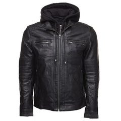 High Quality Men's Black Leather Jacket With Removable Hoodie