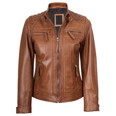 Regals Leather Women's Cafe Racer Style Tan Brown Leather Jacket