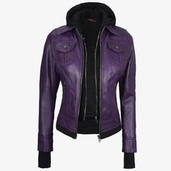 Women’s Purple Lambskin Leather Biker Jacket with Removable Hood & Thumbhole Cuffs