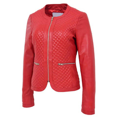 Regals Leather Women’s Red Quilted Collarless Leather Jacket – Joan Slim Fit Biker