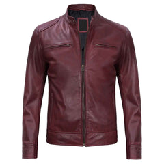 Dodge Men's Cafe Racer Biker Style Burgundy Lambskin Leather Jacket