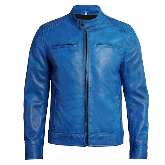Dodge Men's Blue Lambskin Genuine Leather Cafe Racer Biker Style Jacket