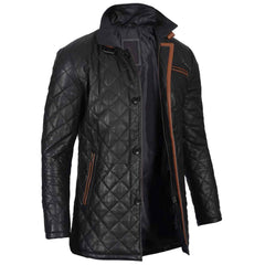 Regals Leather Men's Black Quilted Leather Car Coat - Glen Style - Winter Warm Jacket