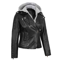 Regals Leather Women's Black Leather Biker Style Jacket With Removable Hood