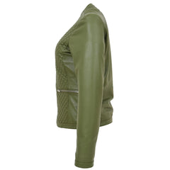 Women’s Olive Green Leather Jacket – Joan Collarless Quilted Design in Soft Nappa