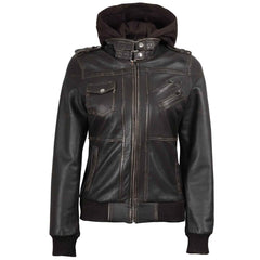 Dark Brown Rub Off Leather Jacket for Women with Removable Hood – Premium Casual Wear