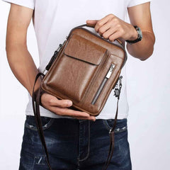 Men’s Small Leather Shoulder Bag Crossbody Messenger Handbag – Travel, Work & Business iPad 7.9'' Bag Dark Brown