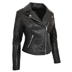Women’s Real Leather Cross Zip Jacket – Anna Black Classic Biker Design