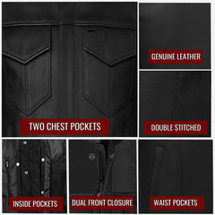 Men’s Motorcycle Vest – Premium Buffalo Leather, Multiple Pockets Club Style Biker Vest with Metal Zippers - All Seasons