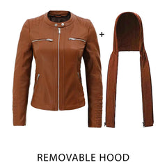 Women’s Hooded Brown Leather Bomber Jacket – Classic PU Faux Leather Moto Coat for All Seasons