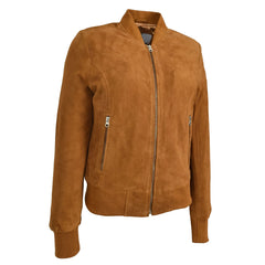 Regals Leather Women's Real Goat Suede Leather Bomber MA-1 Jacket Faye Cognac