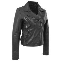 Women’s Black Leather Jacket – Jodie Soft Genuine Nappa with Cross Zip Design